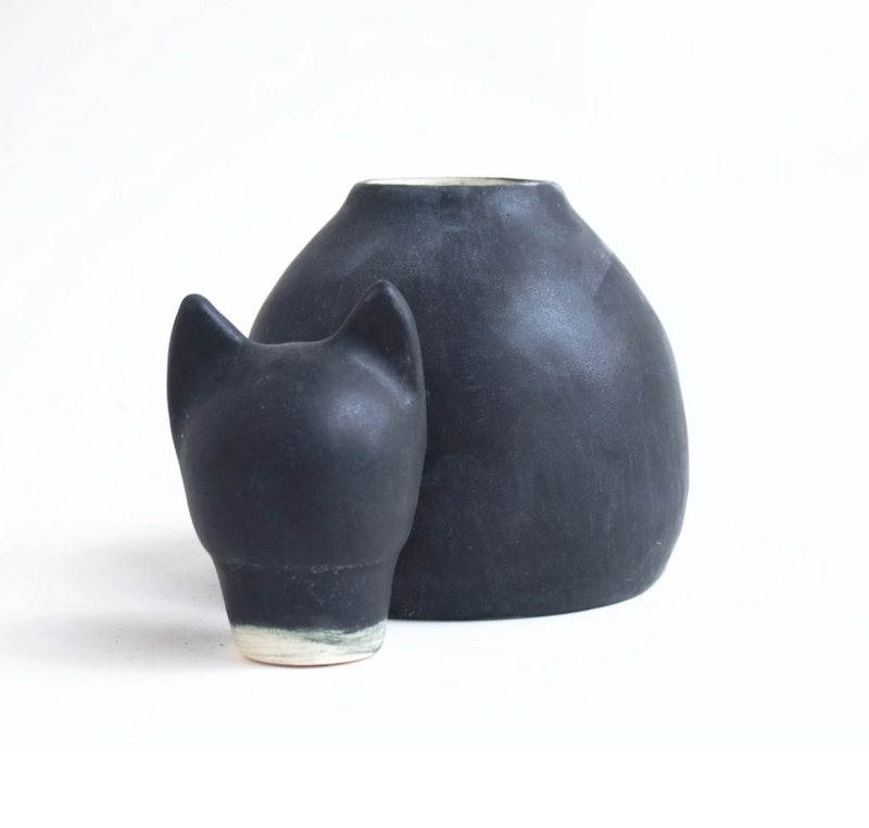 Small Matte Black Cat Urn